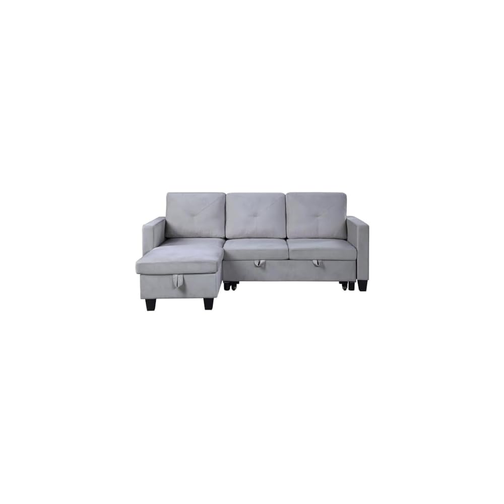 Pemberly Row Velvet Reversible Sleeper Sectional with Storage, Light Gray Upholstery, Pull-Out Bed, Foam Filled Cushions, Removable Back, Storage Chaise, Plastic Legs, Space-Saving Sofa for Living