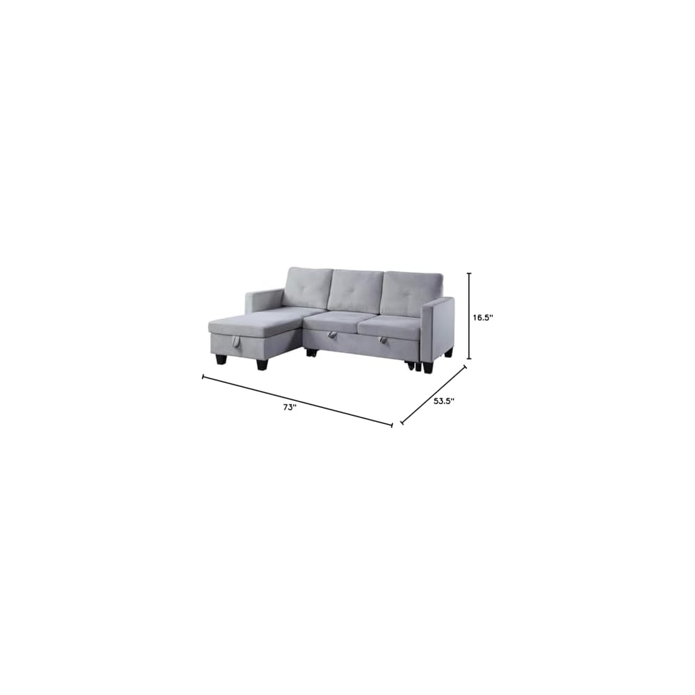 Pemberly Row Velvet Reversible Sleeper Sectional with Storage, Light Gray Upholstery, Pull-Out Bed, Foam Filled Cushions, Removable Back, Storage Chaise, Plastic Legs, Space-Saving Sofa for Living