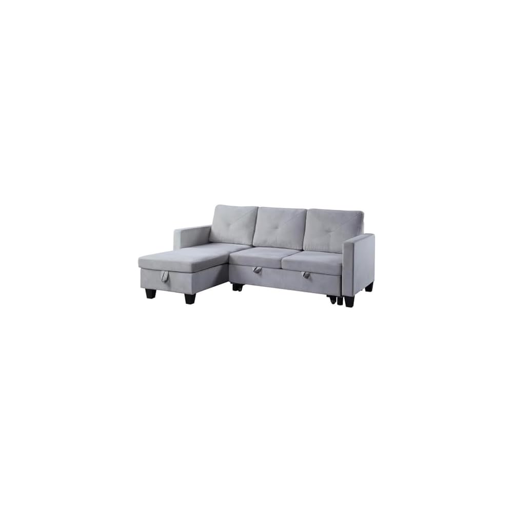 Pemberly Row Velvet Reversible Sleeper Sectional with Storage, Light Gray Upholstery, Pull-Out Bed, Foam Filled Cushions, Removable Back, Storage Chaise, Plastic Legs, Space-Saving Sofa for Living