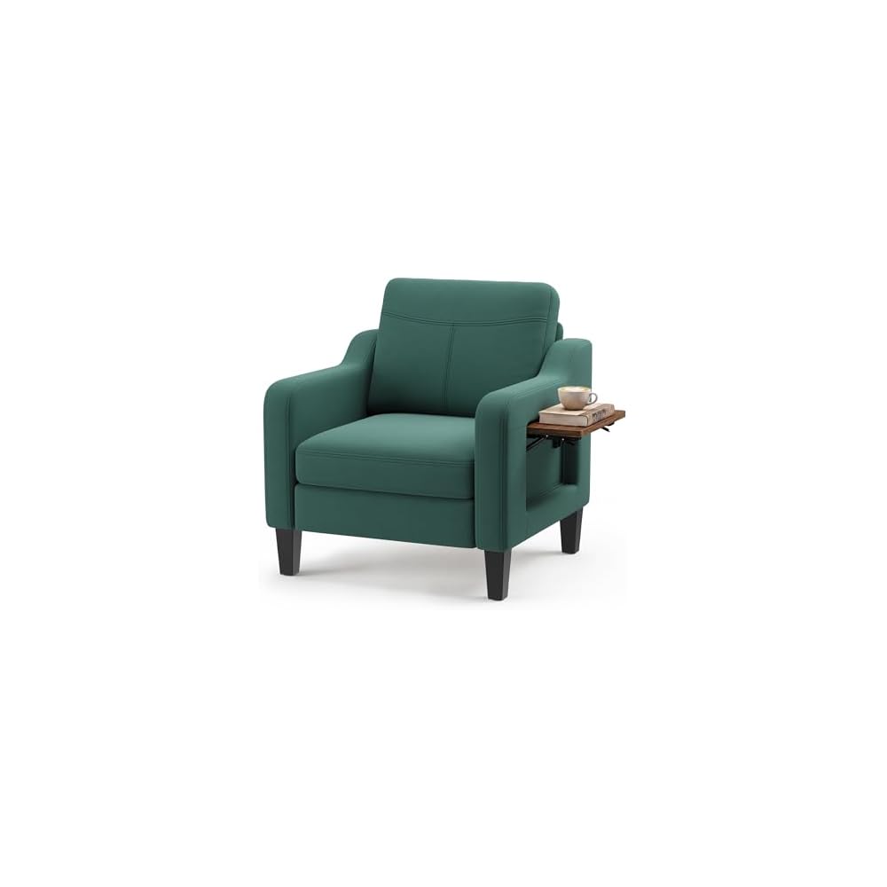 Accent Chair for Living Room, Mid-Century Upholstered Armchair with Foldable Table & 2 Side Pockets, Modern Linen Wooden Sofa Chair for Bedroom & Reading Room, Blue