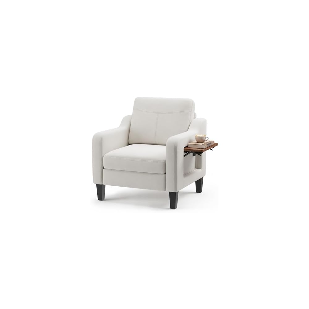 Accent Chair for Living Room, Mid-Century Upholstered Armchair with Foldable Table & 2 Side Pockets, Modern Linen Wooden Sofa Chair for Bedroom & Reading Room, Blue