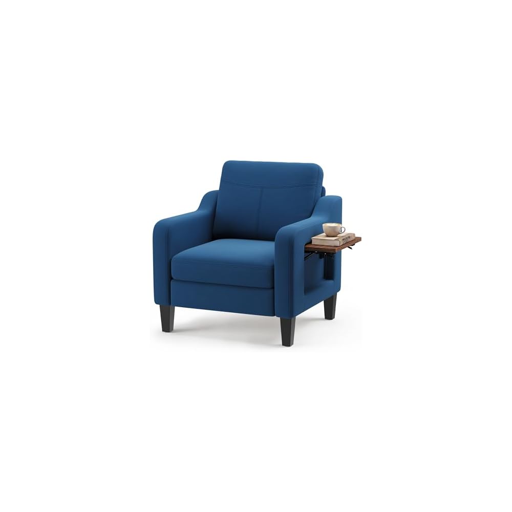 Accent Chair for Living Room, Mid-Century Upholstered Armchair with Foldable Table & 2 Side Pockets, Modern Linen Wooden Sofa Chair for Bedroom & Reading Room, Blue