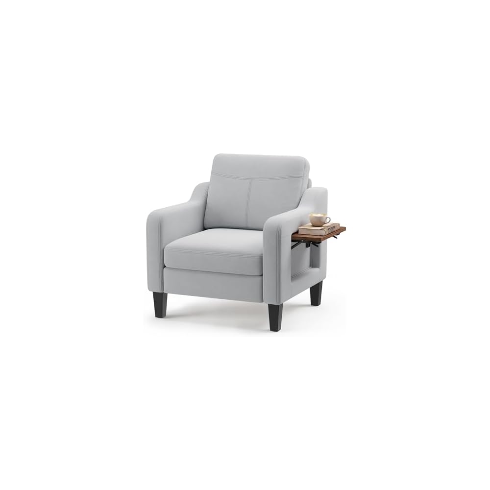 Accent Chair for Living Room, Mid-Century Upholstered Armchair with Foldable Table & 2 Side Pockets, Modern Linen Wooden Sofa Chair for Bedroom & Reading Room, Blue