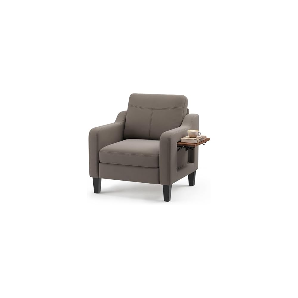 Accent Chair for Living Room, Mid-Century Upholstered Armchair with Foldable Table & 2 Side Pockets, Modern Linen Wooden Sofa Chair for Bedroom & Reading Room, Blue