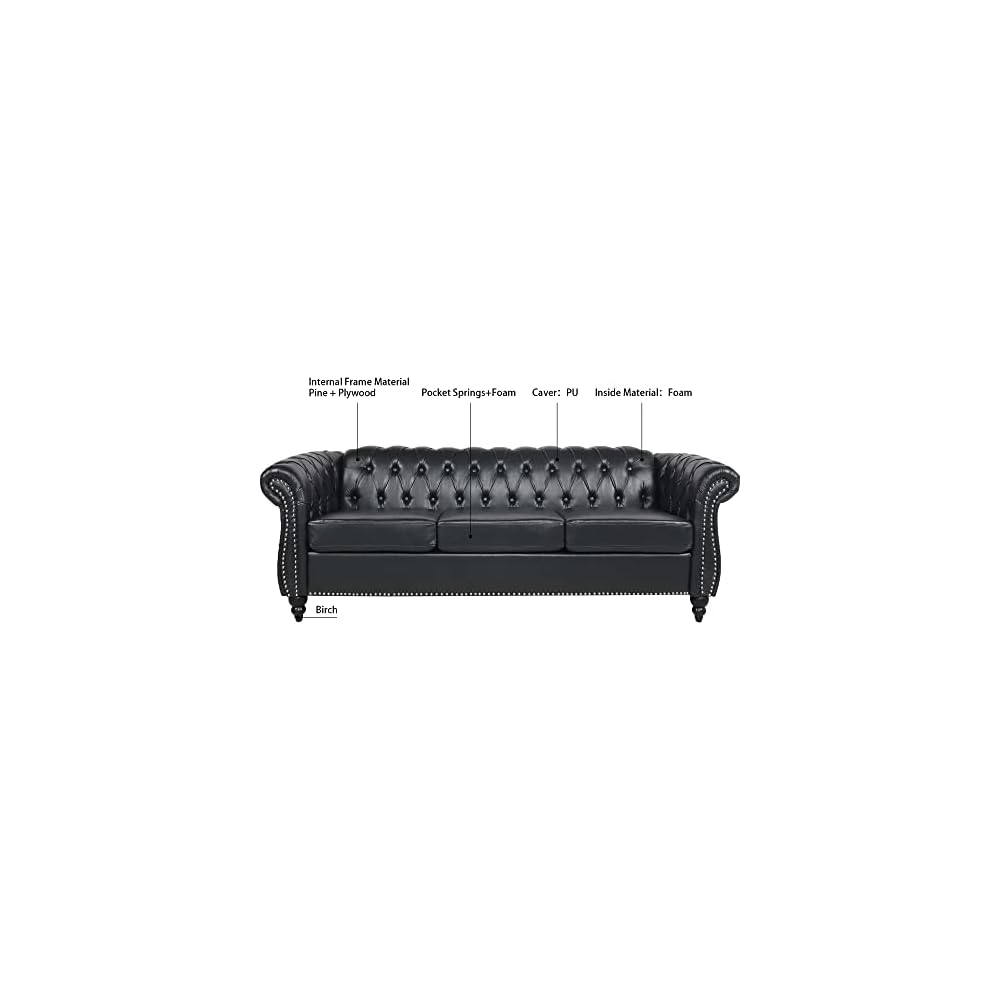 Chesterfield PU Leather Sofa, Upholstered PU Sofa with Tufted Back, Classic 3 Seater Leather Couch Rolled Arm for Living Room Office, Black