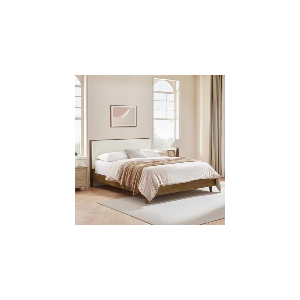 CHITA Queen Size Platform Bed, with Boucle Upholstered Headboard, Walnut