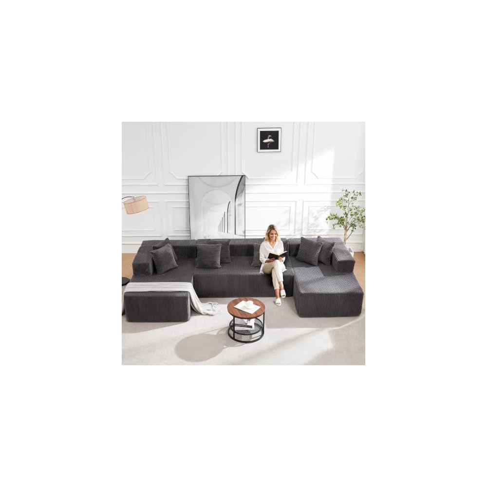 131" Cloud Sectional Modular Sofa, Boneless Couch for Living Room, Gray