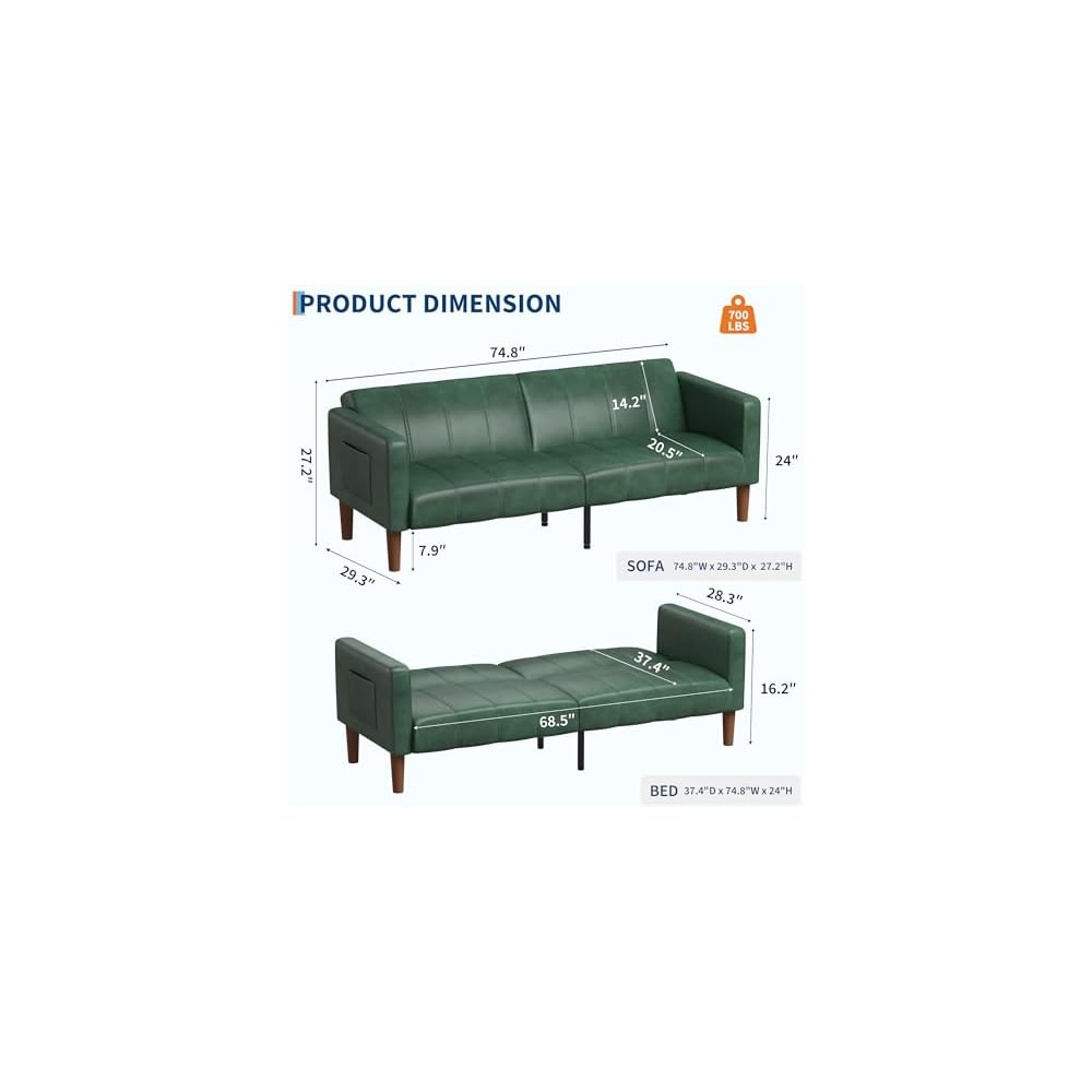 GarveeHome Futon Sofa Bed, 75-Inch Modern Faux Leather Convertible Couch, Mid-Century Loveseat for Small Space, Living Room, Bedroom, Green