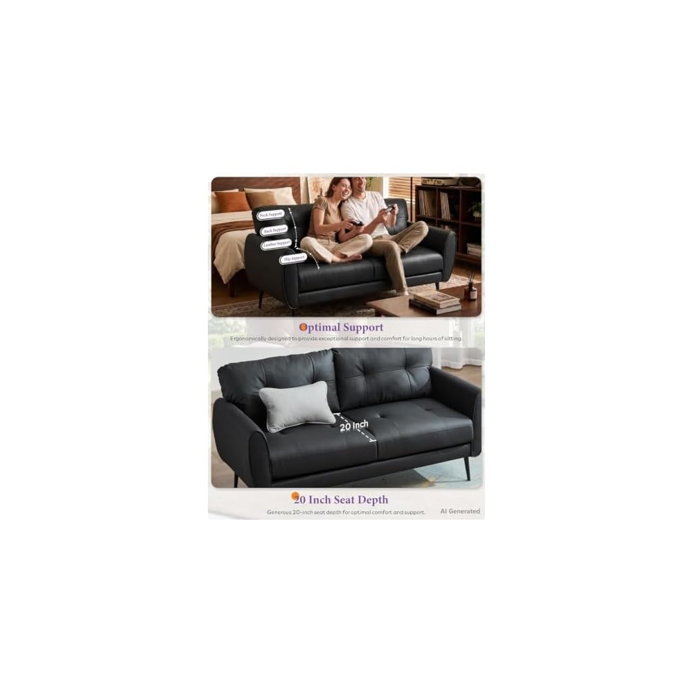 61'' Black Faux Leather Loveseat, Small Tufted Couch for Living Room