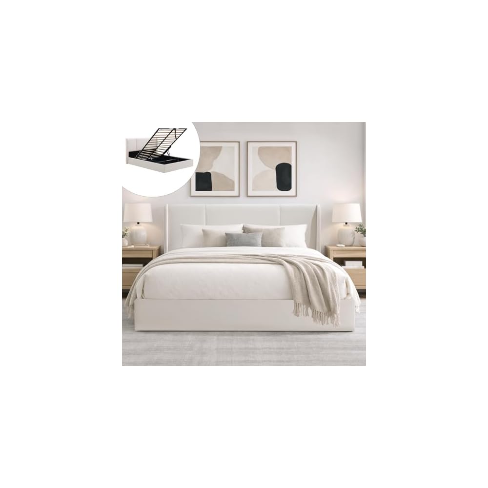 VELOCAVA Queen Lift Up Storage Bed Frame, Velvet-Look Upholstered Bed with Modern Wingback Headboard, Gas Lift Storage, Wood Slat Support, No Box Spring Needed, White