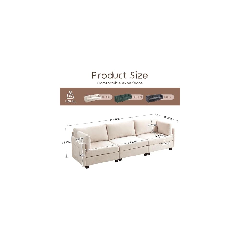 111" Sofas for Living Room, 3 Seater Couch with 2 Pillows, Modern Comfy Chenille Couches with Storage Bag, Deep Seat Sofa for Apartment Small Space, Beige