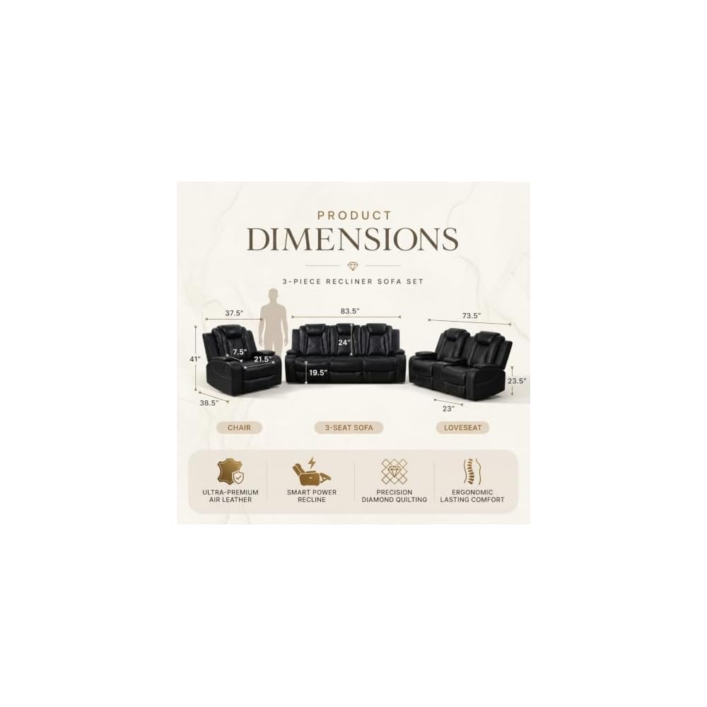 Power Recliner Sofa Set, 3 Piece Faux Leather Reclining Couch with LED Lights,Flip-Down Table, USB Ports, Cup Holders & Storage Console for Living Room, Home Theater Seating & APT Black