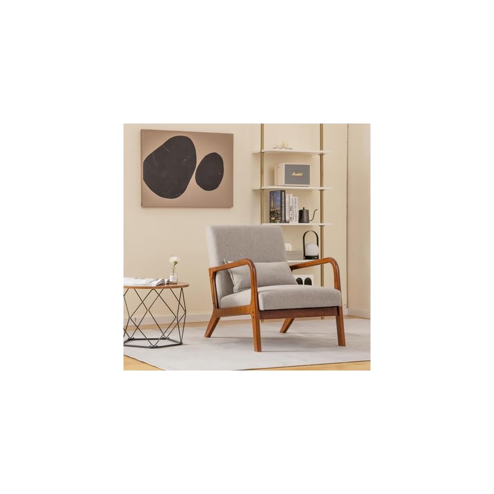 Mid Century Modern Accent Chair, Upholstered Lounge Armchair with Wood Frame & Lumbar Pillow, Comfy Reading Chair for Living Room, Bedroom, Office (1, Grey)