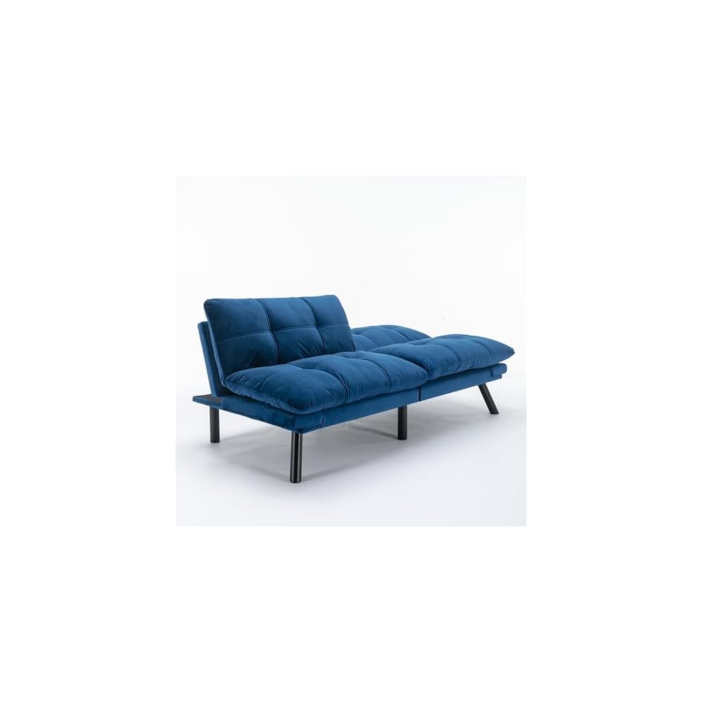 Modern Leather Convertible Folding Futon Couch Sofa Bed with Adjustable Armrest and Backrest, Couch Double Loveseat Sofa for Compact Living Space,Dorm,Game Studio,Apartment,Bedroom (Navy Blue)