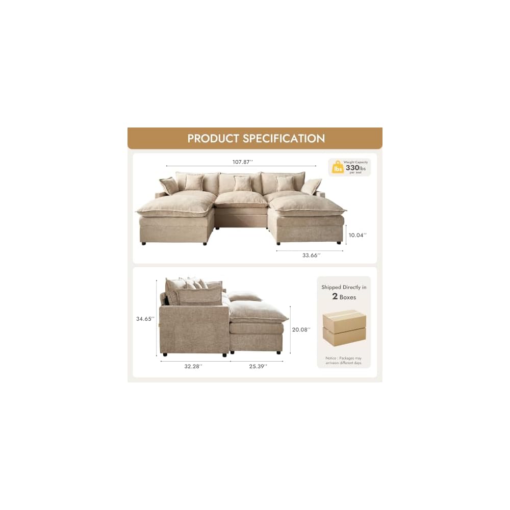 108 Inch U Shaped Cloud Couch, Chenille Modular Sectional Sofa