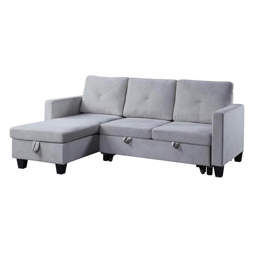 Pemberly Row Velvet Reversible Sleeper Sectional with Storage, Light Gray Upholstery, Pull-Out Bed, Foam Filled Cushions, Removable Back, Storage Chaise, Plastic Legs, Space-Saving Sofa for Living