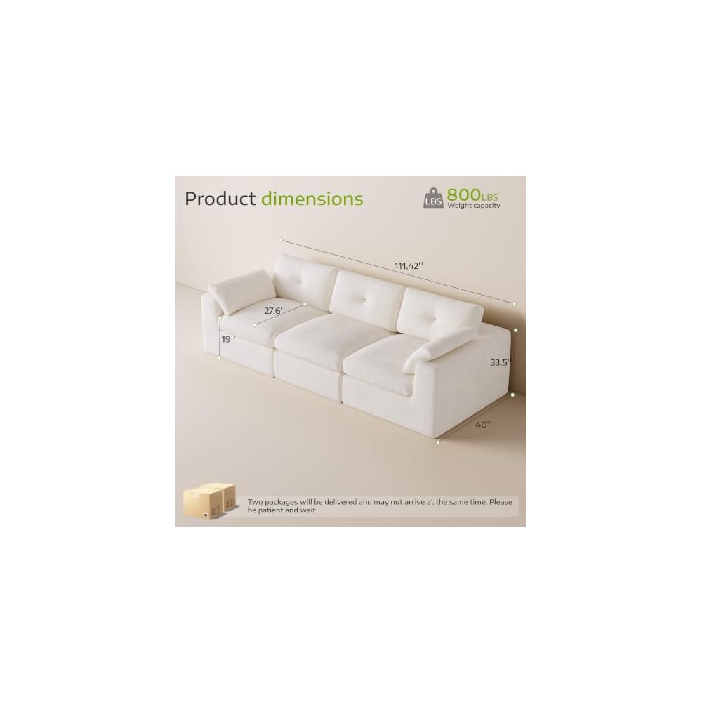 Homkdom 111.5" Cloud Couch, Modular Sectional Sofa for Living Room, White