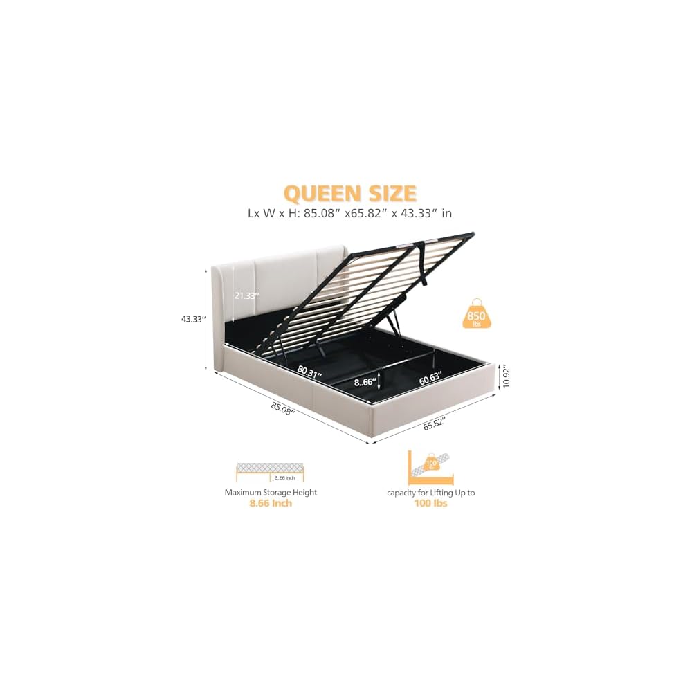VELOCAVA Queen Lift Up Storage Bed Frame, Velvet-Look Upholstered Bed with Modern Wingback Headboard, Gas Lift Storage, Wood Slat Support, No Box Spring Needed, White