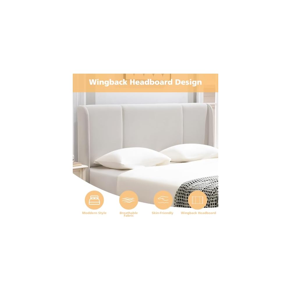 VELOCAVA Queen Lift Up Storage Bed Frame, Velvet-Look Upholstered Bed with Modern Wingback Headboard, Gas Lift Storage, Wood Slat Support, No Box Spring Needed, White