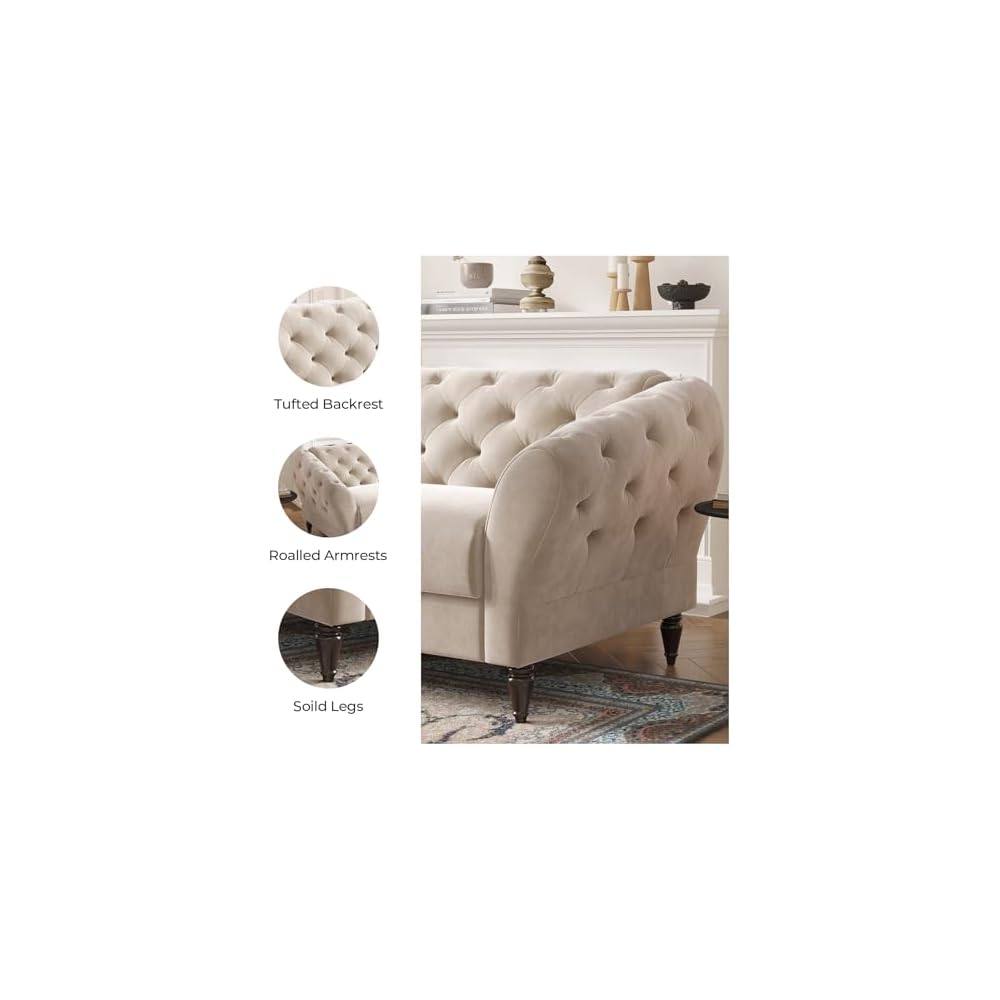 COPIAE 82 Inch Chesterfield loveseat Sofa,Tuxedo Arms Modern Couch Sturdy and Easy Installation, Small Sofa for Living Room Bedroom Office and Apartment,Velvet Fabric Beige