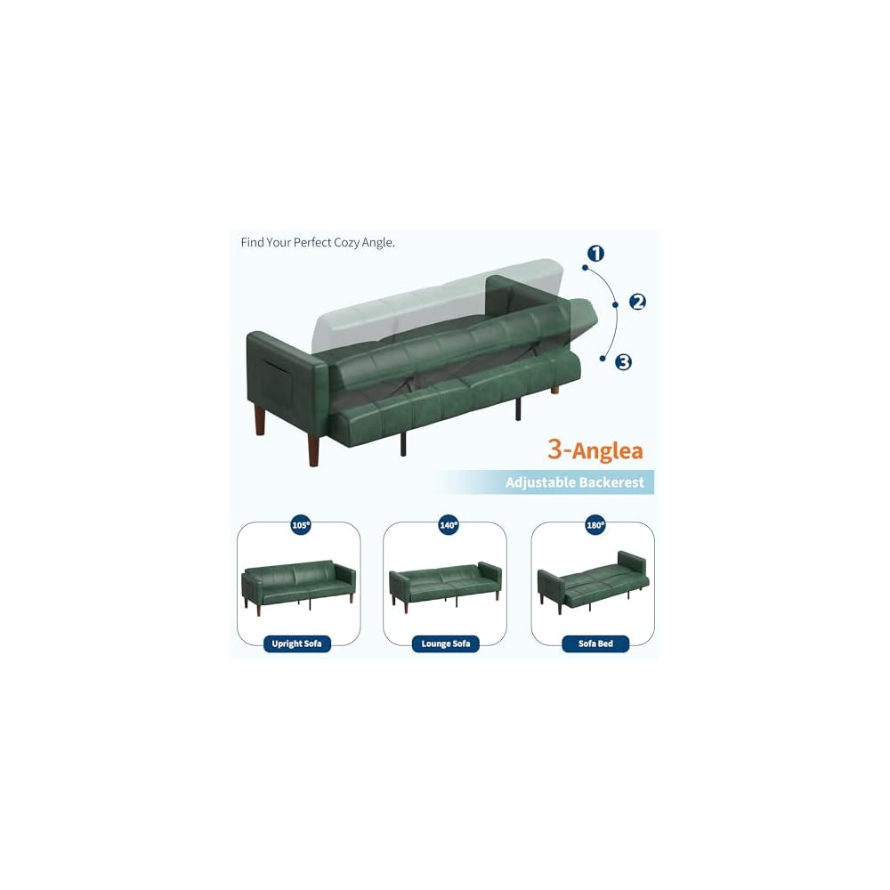 GarveeHome Futon Sofa Bed, 75-Inch Modern Faux Leather Convertible Couch, Mid-Century Loveseat for Small Space, Living Room, Bedroom, Green