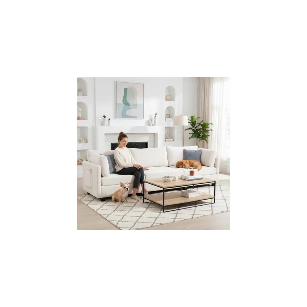 111" Sofas for Living Room, 3 Seater Couch with 2 Pillows, Modern Comfy Chenille Couches with Storage Bag, Deep Seat Sofa for Apartment Small Space, Beige
