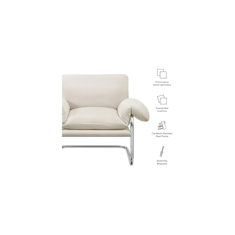 Modway Ansel Performance Velvet Accent Chair in Alabaster - Stain-Resistant Velvet Lounge Chair for Living Room, Bedroom - Corner Reading Chair with Arms and Removable Cushions
