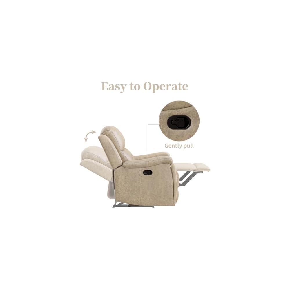 EBELLO Recliner Chair, Single Overstuffed Sofa Recliner, Breathable Faux Leather Manual Reclining Chairs with Hidden Cup Holder, Arm and Back for Adults, Living Room, Bedroom, Beige
