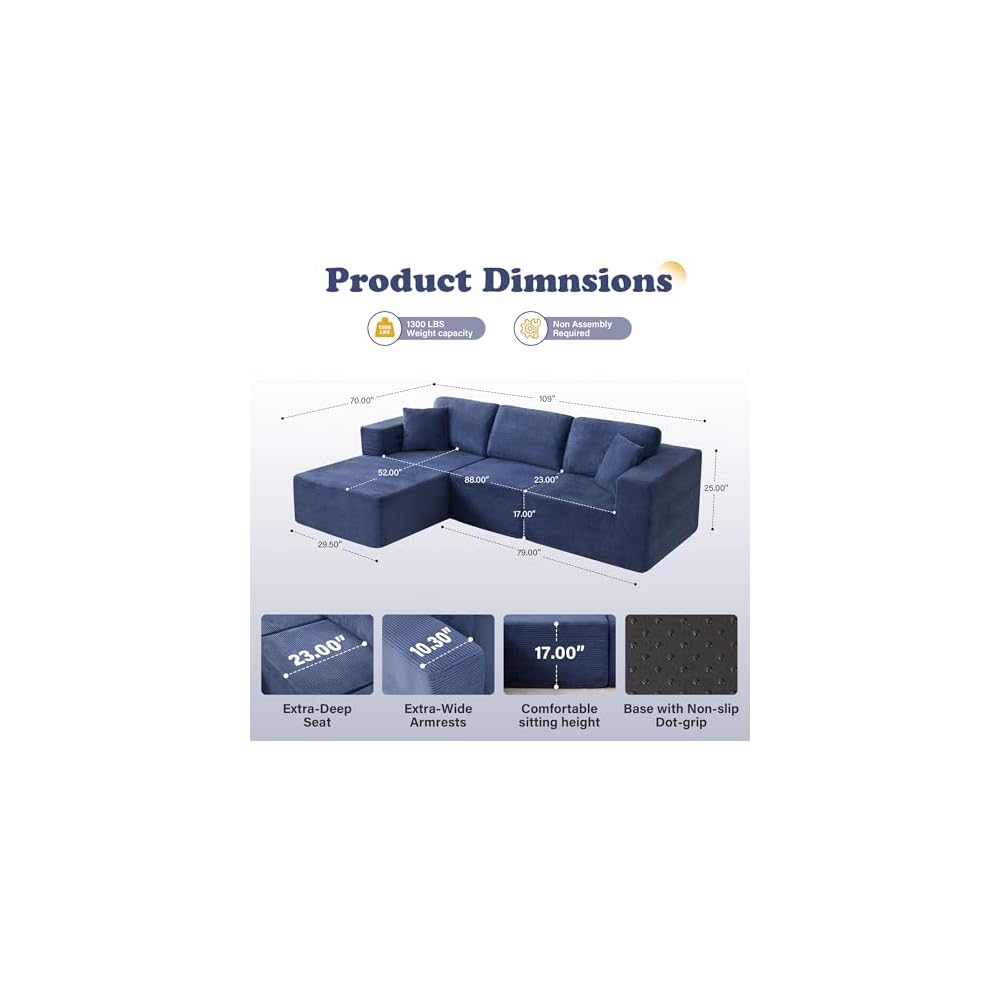 109” Cloud Sectional Couch, Boneless Modular Sofa with L-Shape Chaise, Deep Seat Corduroy Couch, No Assembly Required, Modern Upholstered Sectional for Living Room Apartment Bedroom