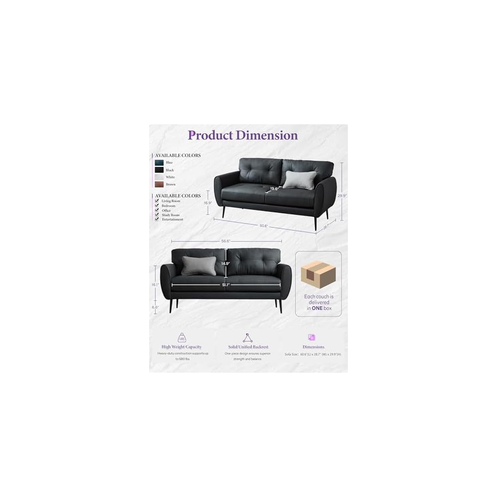 61'' Black Faux Leather Loveseat, Small Tufted Couch for Living Room