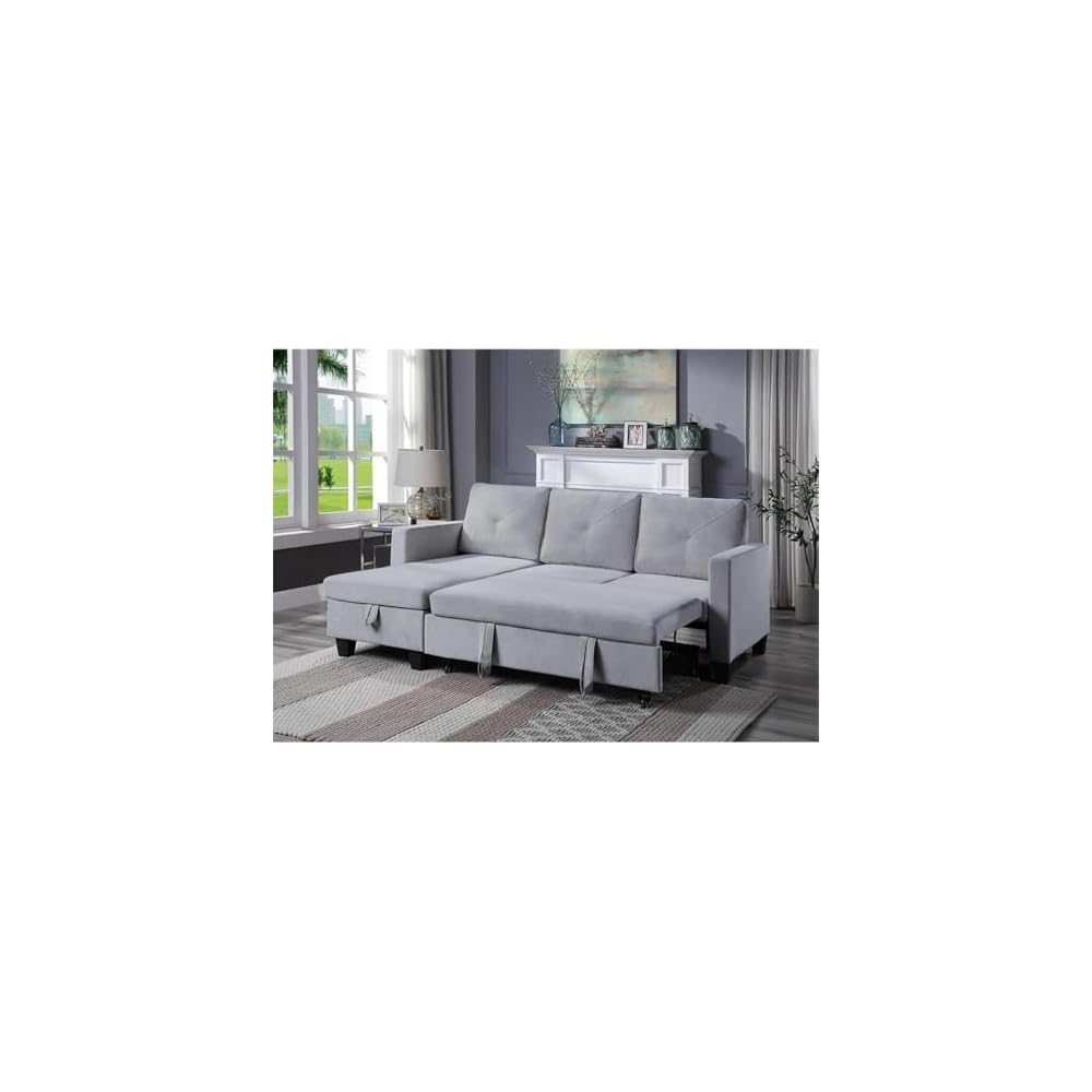 Pemberly Row Velvet Reversible Sleeper Sectional with Storage, Light Gray Upholstery, Pull-Out Bed, Foam Filled Cushions, Removable Back, Storage Chaise, Plastic Legs, Space-Saving Sofa for Living