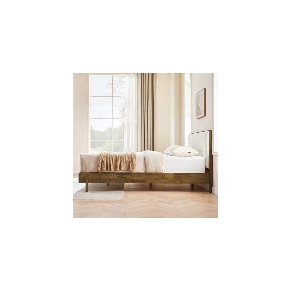 CHITA Queen Size Platform Bed, with Boucle Upholstered Headboard, Walnut
