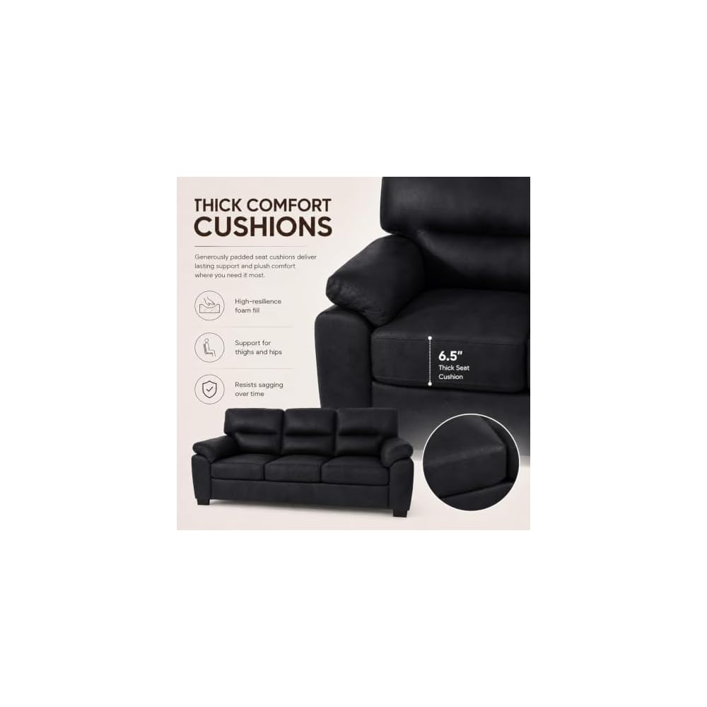 81" 3 Seater Sofa, Tech Breathable Faux Leather Tufted Couch with Wide Armrests for Living Room, Apartment, Office (Black)