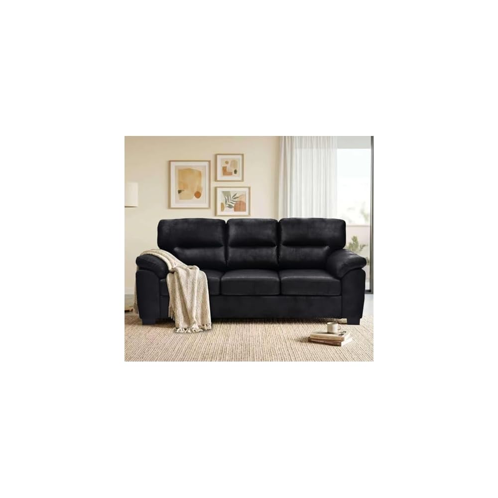 81" 3 Seater Sofa, Tech Breathable Faux Leather Tufted Couch with Wide Armrests for Living Room, Apartment, Office (Black)