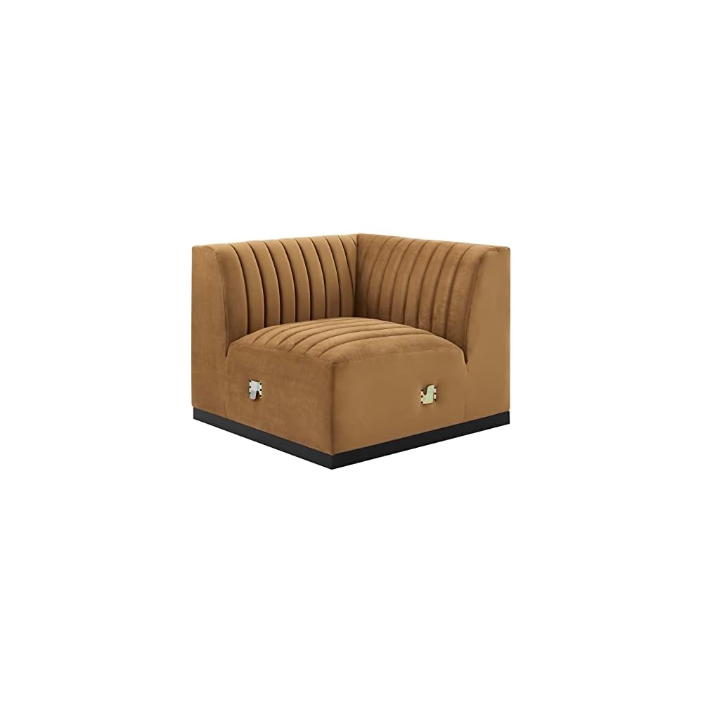 Modway Conjure Channel Tufted Upholstered Performance Velvet Sectional Sofa Left Corner Chair in Black Cognac