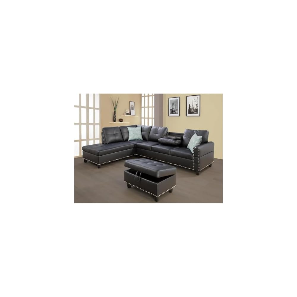 HomeStock Sophisticated Simplicity Sectional Sofa with Ottoman, Living Room Set, Left Facing Chaise, 2 Cup Holders, 2 Throw Pillows, Tufted Back and Seat - 99.5" D x 67" W x 32" H Black