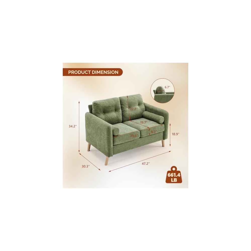 VINGLI 47" Green 2 Seater Chenille Sofa, 6" Cushion Loveseat for Apartment