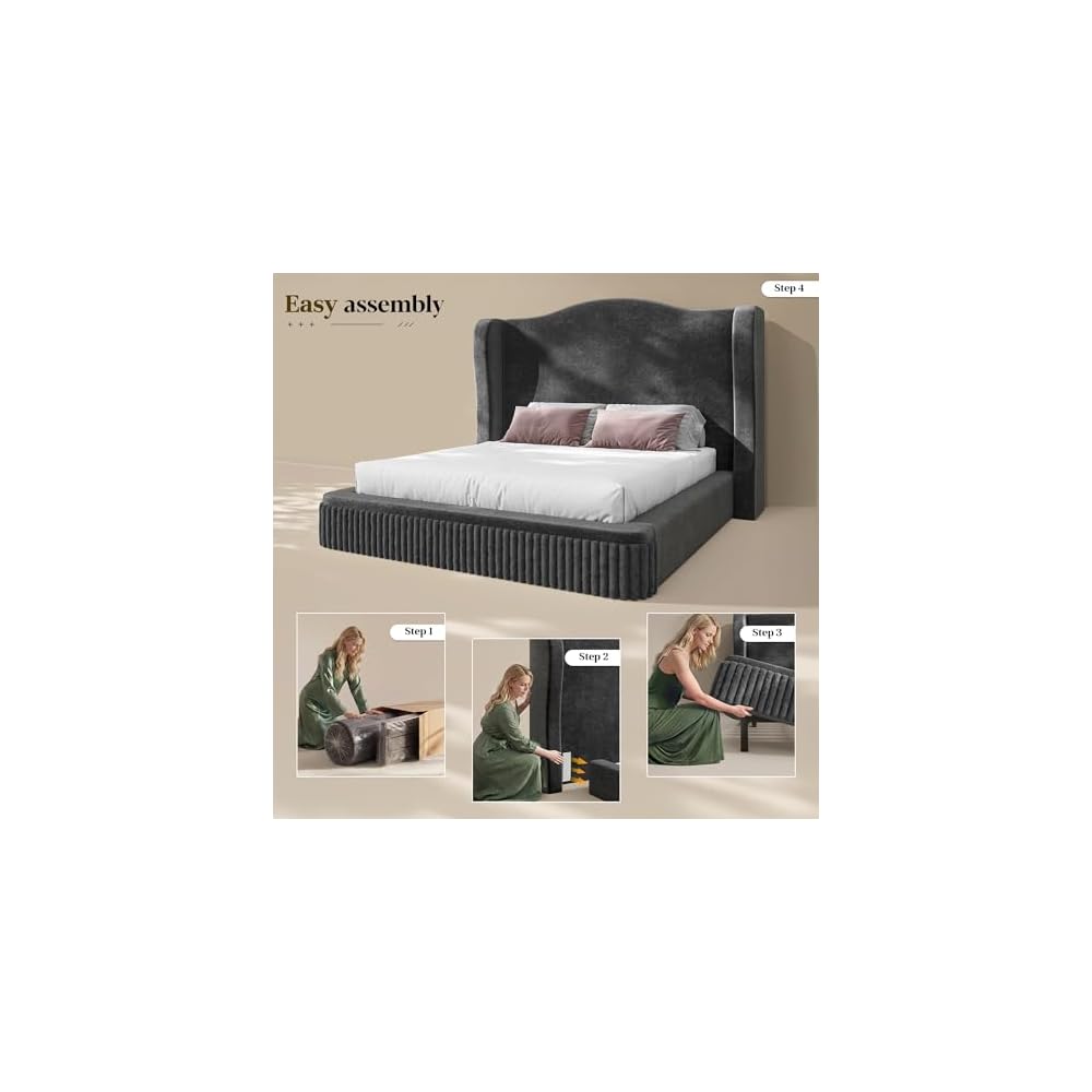 Homkdom 49" Cloud Bed Frame King Size with Tall Wingback Headboard