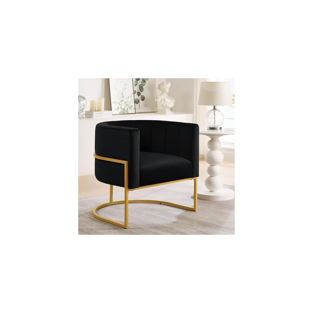 Curve Backrest Mid-Century Leisure Chair, Upholstered Velvet Accent Chair With U-Shaped Golden Metal Base, Velvet Single Sofa Chair For Living Room,Office,28.25"L x 25.75"W x 30"H (black)