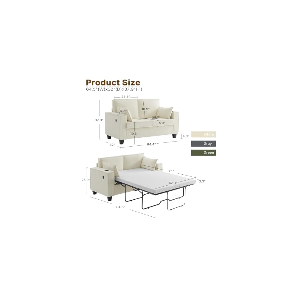 2-in-1 Pull Out Sofa Bed, 65" Full Size Sleeper Sofa, Corduroy Convertible Loveseat Sleeper for Living Room, Guest Room, Apartment, Home Office (Beige)