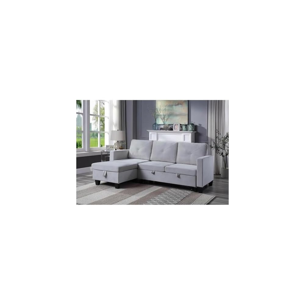 Pemberly Row Velvet Reversible Sleeper Sectional with Storage, Light Gray Upholstery, Pull-Out Bed, Foam Filled Cushions, Removable Back, Storage Chaise, Plastic Legs, Space-Saving Sofa for Living
