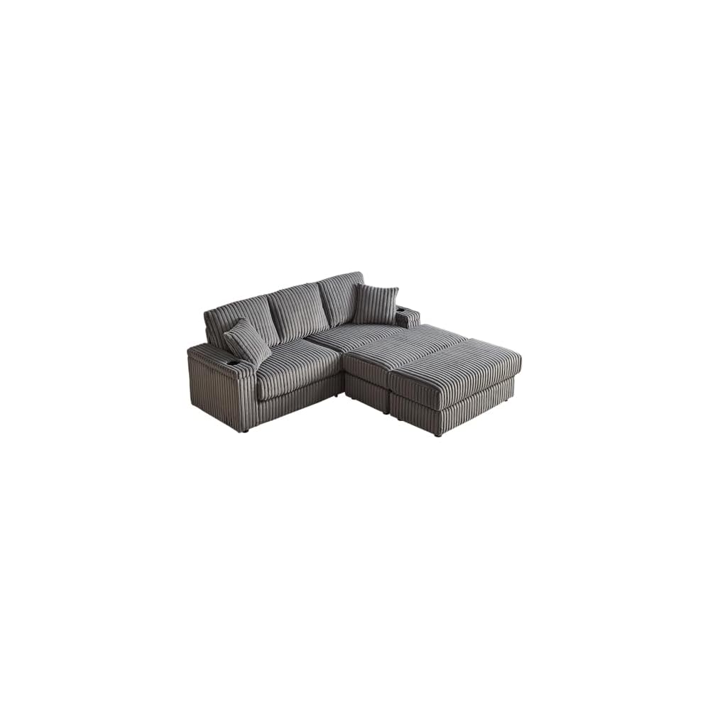 84 Inch Soft Corduroy Sofa, Boneless Couches for Living Room with Storage footstools, Couches with Spring Sponge Support and Cup Grooves for Indoor Leisure Spaces, Grey