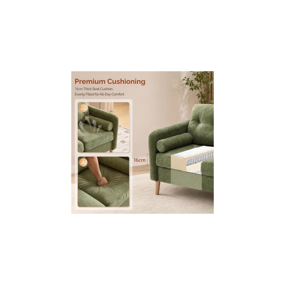 VINGLI 47" Green 2 Seater Chenille Sofa, 6" Cushion Loveseat for Apartment