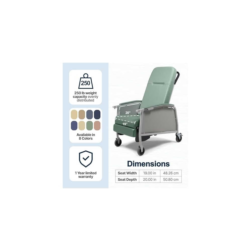 Lumex 3-Position Medical Recliner, Reclining Geri Chair with Wheels, Jade