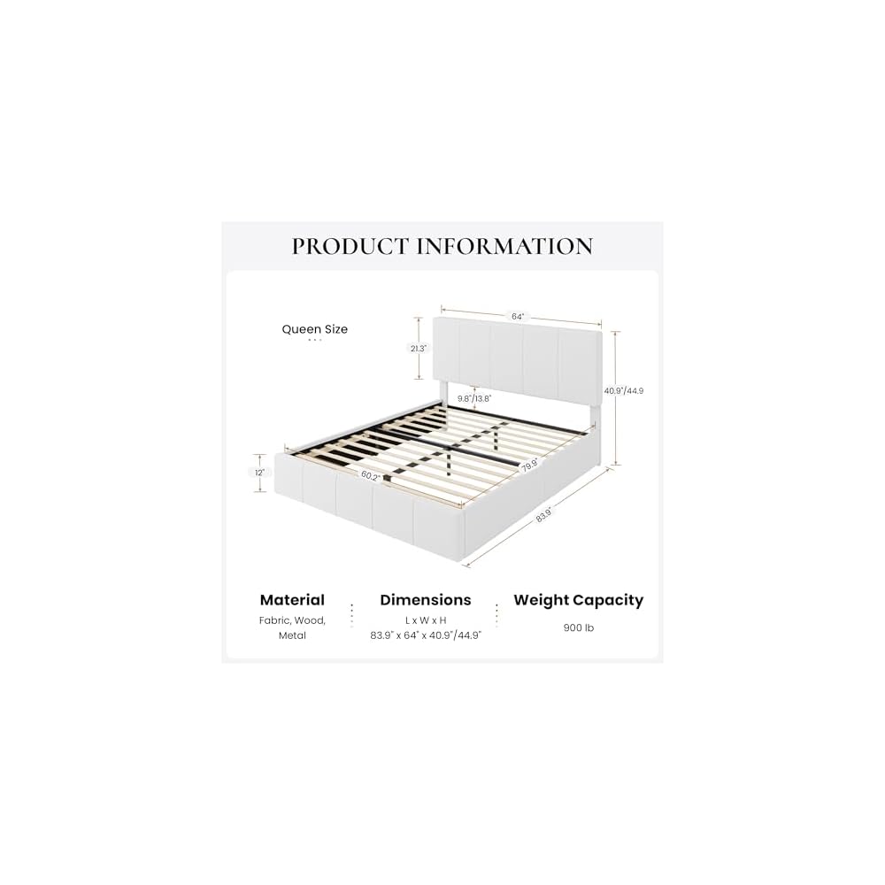 SHA CERLIN Queen Size Bed Frame, Velvet Upholstered Platform Bed, White