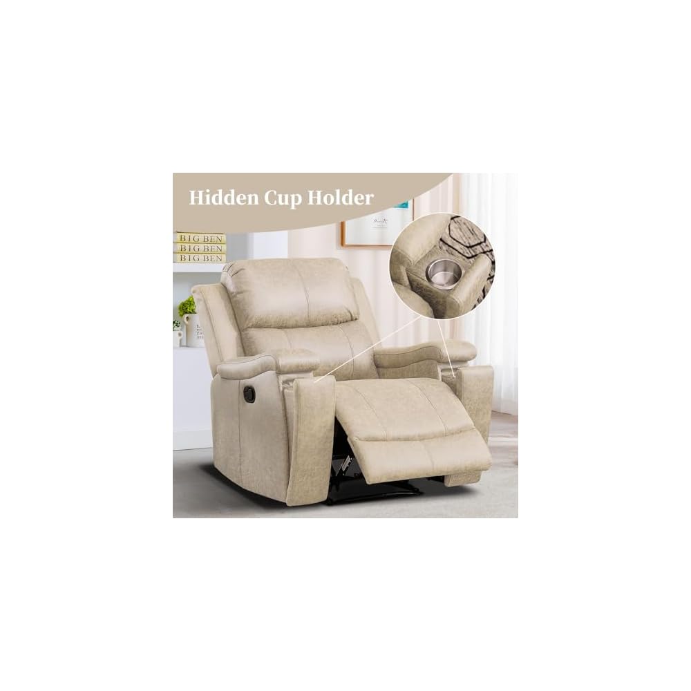 EBELLO Recliner Chair, Single Overstuffed Sofa Recliner, Breathable Faux Leather Manual Reclining Chairs with Hidden Cup Holder, Arm and Back for Adults, Living Room, Bedroom, Beige