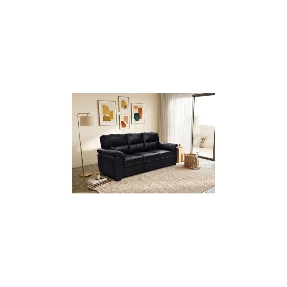 81" 3 Seater Sofa, Tech Breathable Faux Leather Tufted Couch with Wide Armrests for Living Room, Apartment, Office (Black)