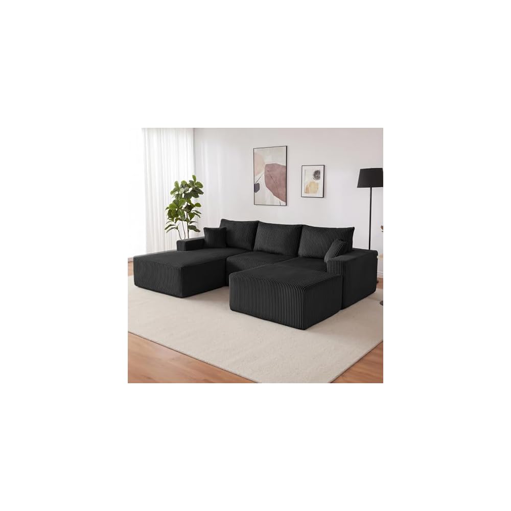 Weture 108” Modular Sectional Couches, Modern Modular U-Shape Sofa with Chaise, Cloud Sectional Couch with Deep Seat, Upholstered Boneless Sofa for Living Room (Corduroy, Black)
