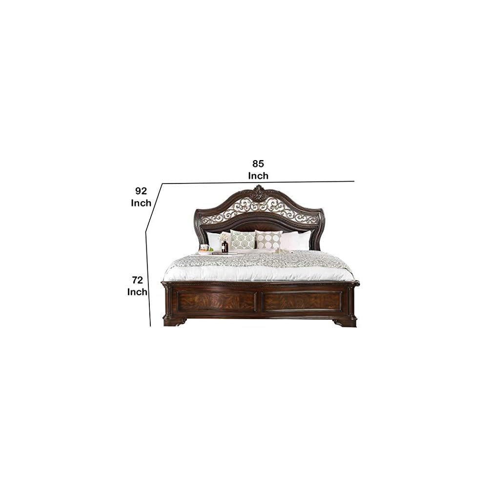 Benjara California King Wooden Bed with Intricate Carved Headboard