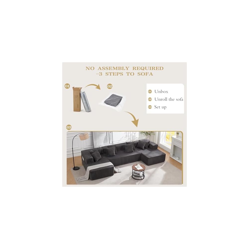 131" Cloud Sectional Modular Sofa, Boneless Couch for Living Room, Gray